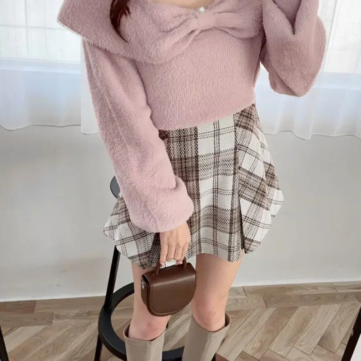 [BUNJANG] GRL Ribbon Fur Knit Top - Pink / GRL 그레일 리본 퍼 니트 탑 핑크