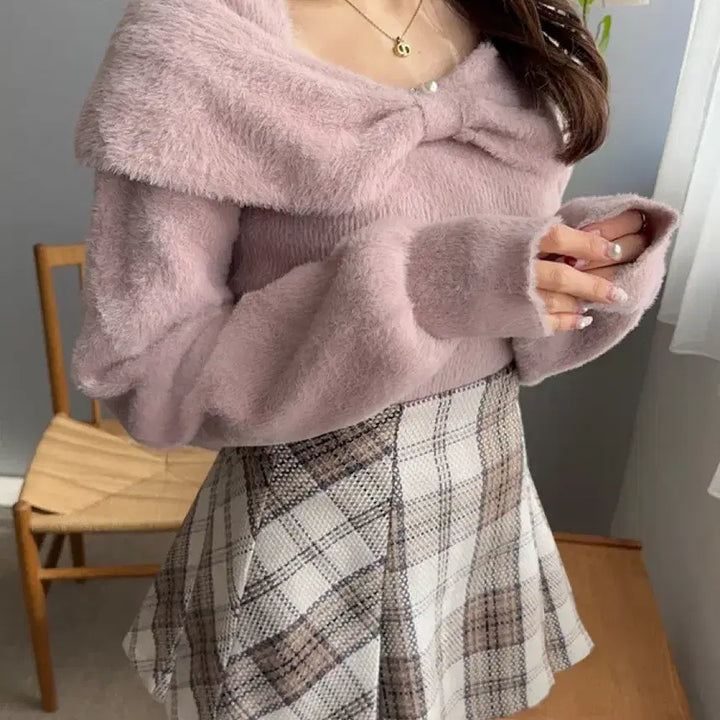 [BUNJANG] GRL Ribbon Fur Knit Top - Pink / GRL 그레일 리본 퍼 니트 탑 핑크