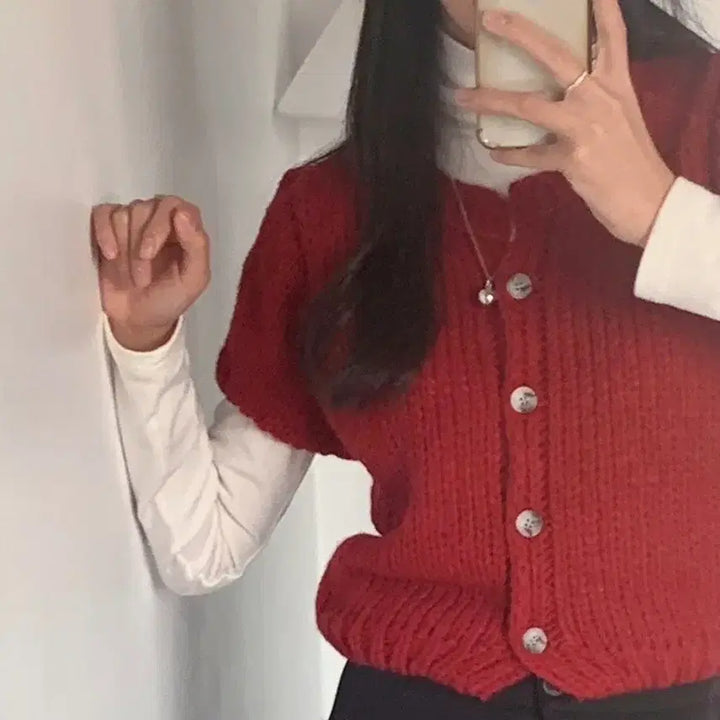 [BUNJANG] Touch of Half Sleeve Knit Cardigan Red Layered Top / (원가3) 터치오브 반팔 니트 가디건 레드 레이어드티 퍼프 자켓 봄 알파