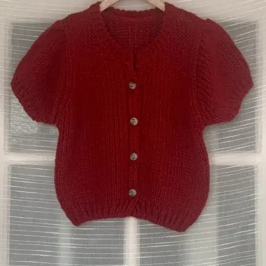 [BUNJANG] Touch of Half Sleeve Knit Cardigan Red Layered Top / (원가3) 터치오브 반팔 니트 가디건 레드 레이어드티 퍼프 자켓 봄 알파