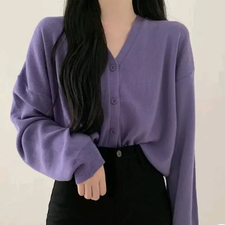[BUNJANG] Avely Basic V-Neck Cardigan / 에이블리 베이직 브이넥 가디건 퍼플