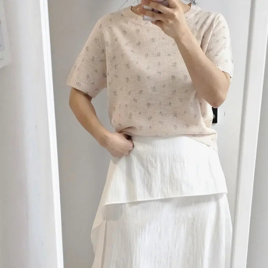 [BUNJANG] Floral Pattern Short Sleeve Knit Top / 플라워 패턴 반팔 니트