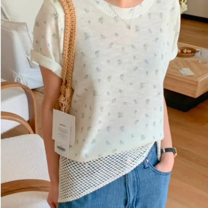 [BUNJANG] Floral Pattern Short Sleeve Knit Top / 플라워 패턴 반팔 니트