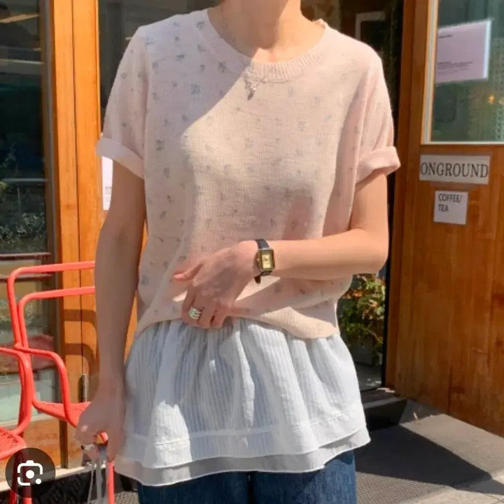 [BUNJANG] Floral Pattern Short Sleeve Knit Top / 플라워 패턴 반팔 니트