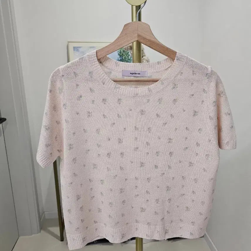 [BUNJANG] Floral Pattern Short Sleeve Knit Top / 플라워 패턴 반팔 니트