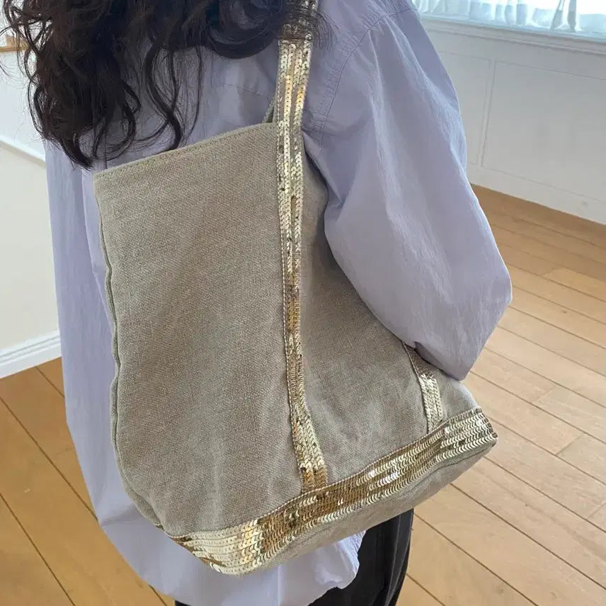 [BUNJANG] Vanessa Bruno Linen Sequin Tote Bag / 바네사브루노 베이지 스팽글 장식 리넨 M 카바스백