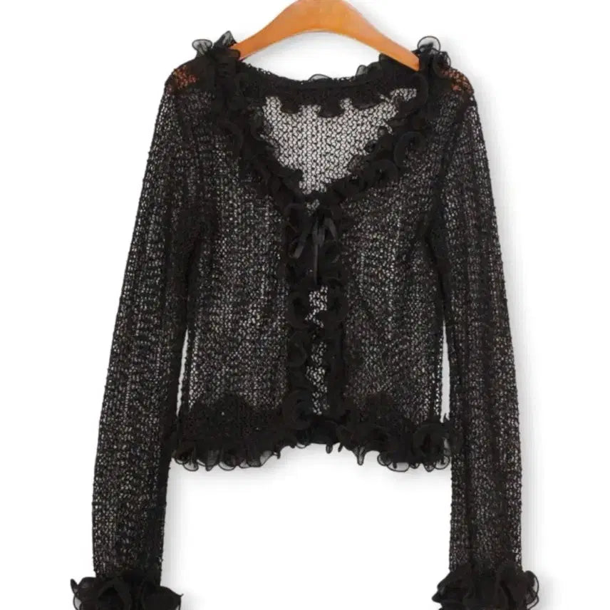 [BUNJANG] Red Crop Knit Cardigan + Black Frill See-through Cardigan / 레드 크롭 니트 가디건 + 블랙 프릴 시스루 가디건