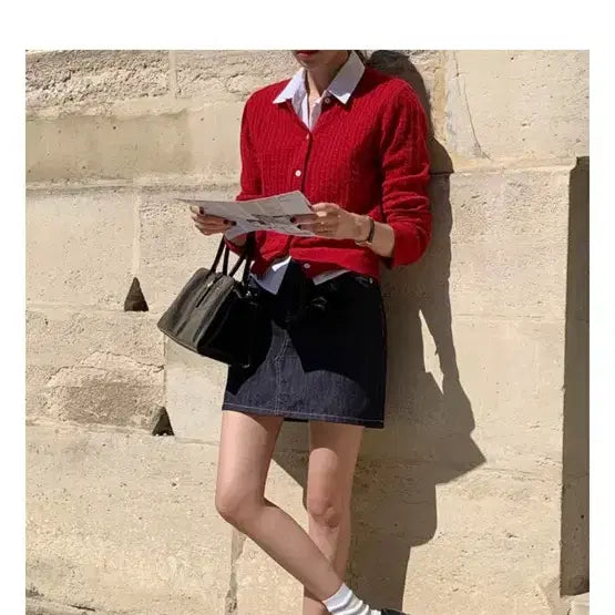 [BUNJANG] Addmore Red Cable Knit Cardigan / [애드모어] 레드 가디건/ 레드 꽈배기 가디건
