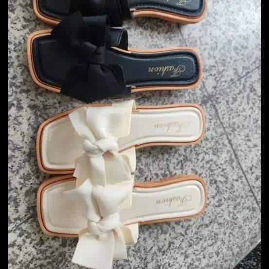 [BUNJANG] Satin Ribbon Embellished Mule Slippers - Black &amp; Ivory / 1+1 두개만원 공단 리본 장식 뮬 슬리퍼 블랙 &amp; 아이보리 미착용새상품