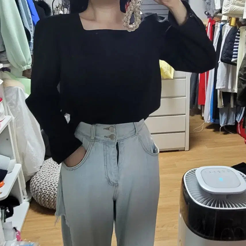 [BUNJANG] Black Square Neck Puff Sleeve Blouse / 블랙 스퀘어넥 퍼프 기본 블라우스