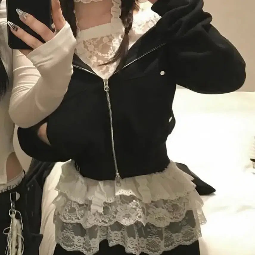 [BUNJANG] Unbranded Crop Hoodie Zip-up &amp; Frill Layered Skirt Bundle Set / 새상품 크롭 후드집업블랙+프릴 레이어드 스커트