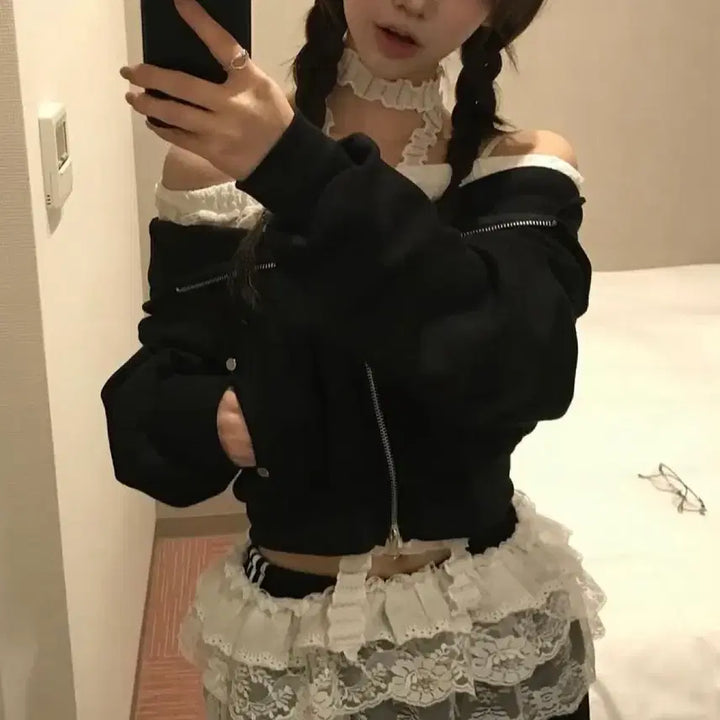 [BUNJANG] Unbranded Crop Hoodie Zip-up &amp; Frill Layered Skirt Bundle Set / 새상품 크롭 후드집업블랙+프릴 레이어드 스커트