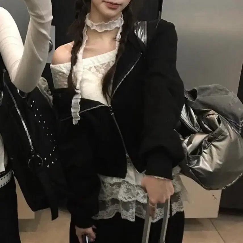 [BUNJANG] Unbranded Crop Hoodie Zip-up &amp; Frill Layered Skirt Bundle Set / 새상품 크롭 후드집업블랙+프릴 레이어드 스커트