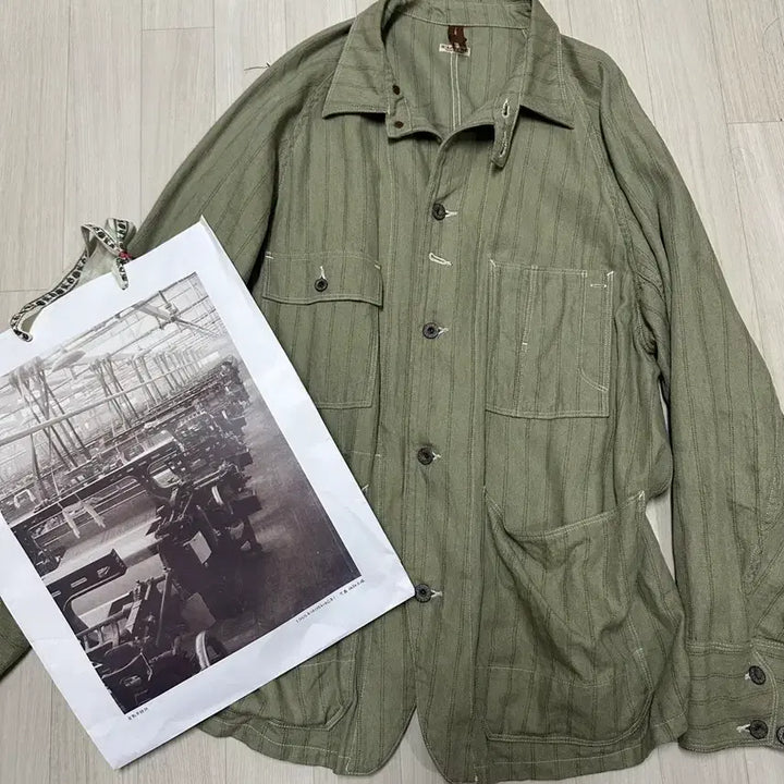 [BUNJANG] Capital Green Gibson Stripe Linen Cotton Blend Overshirt / 캐피탈 그린 깁슨 스트라이프 리넨 코튼 블렌드 오버셔츠