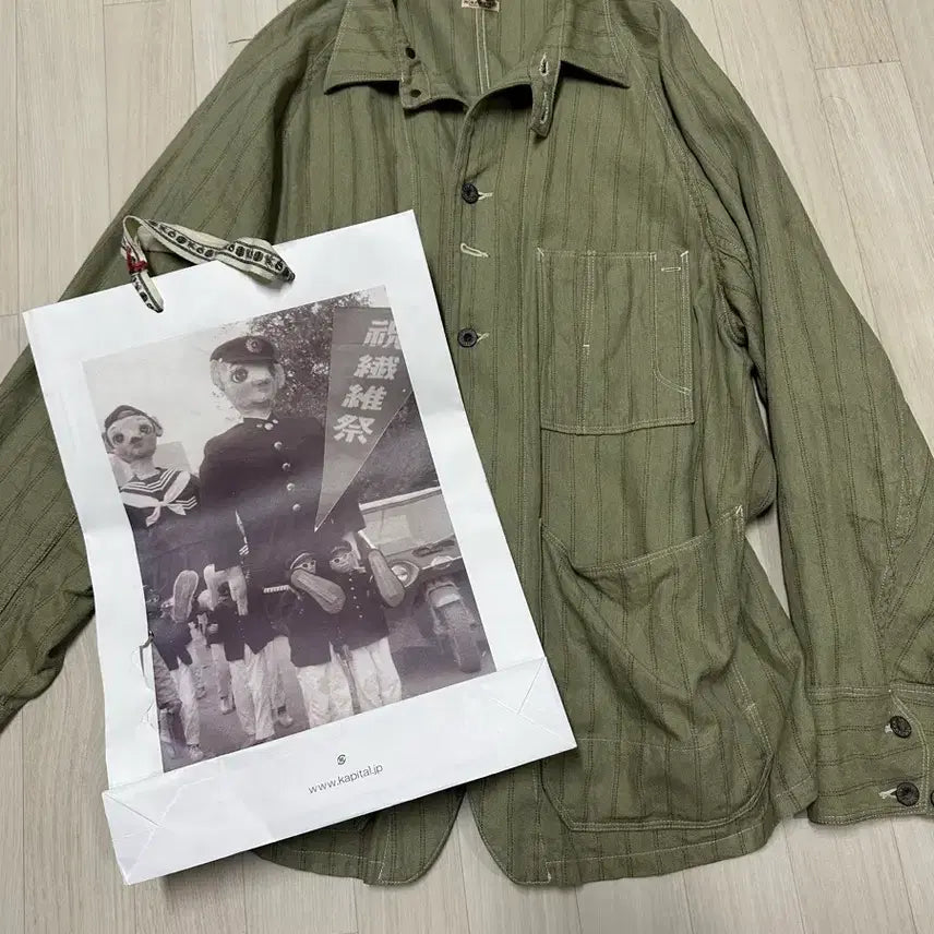 [BUNJANG] Capital Green Gibson Stripe Linen Cotton Blend Overshirt / 캐피탈 그린 깁슨 스트라이프 리넨 코튼 블렌드 오버셔츠