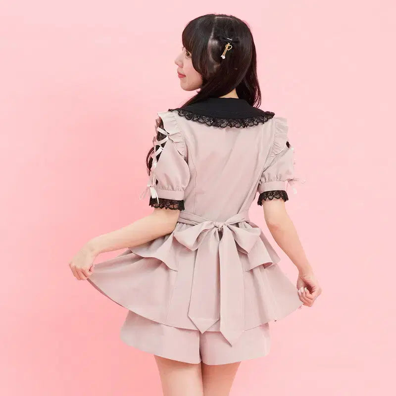[BUNJANG] Secret Honey Long Point Collar Lace-up Short Sleeve Setup / 시크릿허니 롱 포인트 카라 숄더 레이스업 반팔 셋업