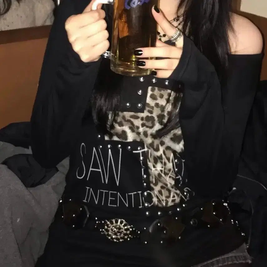 [BUNJANG] Vintage Gothic Cross Leopard Print Long Sleeve T-Shirt / 갸루 빈티지 십자가 호피무늬 긴팔티셔츠