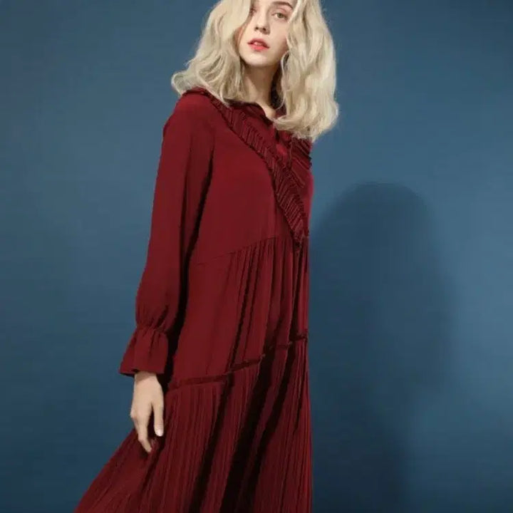 [BUNJANG] BonnyPay Red Asymmetrical Pleated Long Dress / 보니페이 레드 언발 플리츠 원피스