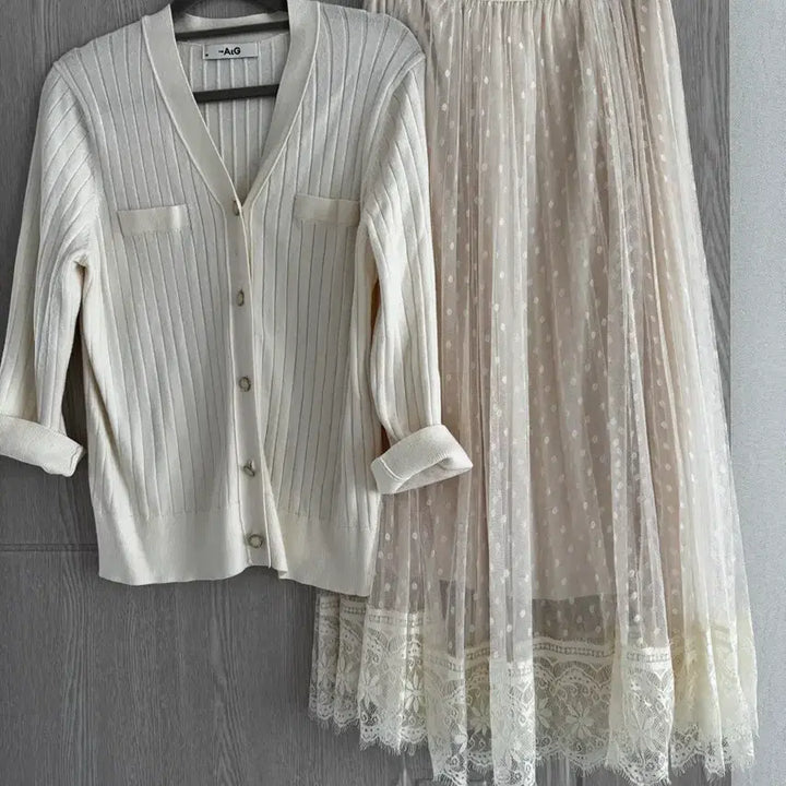 [BUNJANG] The Edge Knit Cardigan &amp; Dot Tulle Skirt Set / 더엣지 니트 가디건 &amp; 도트 튤 스커트 세트