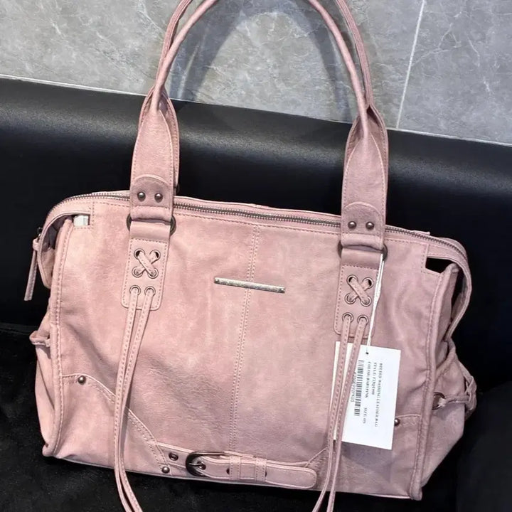 [BUNJANG] Fancy Club Belted Washed Leather Tote Bag - Baby Pink / 팬시클럽 fancy club 벨티드 워싱 레더백 베이비핑크