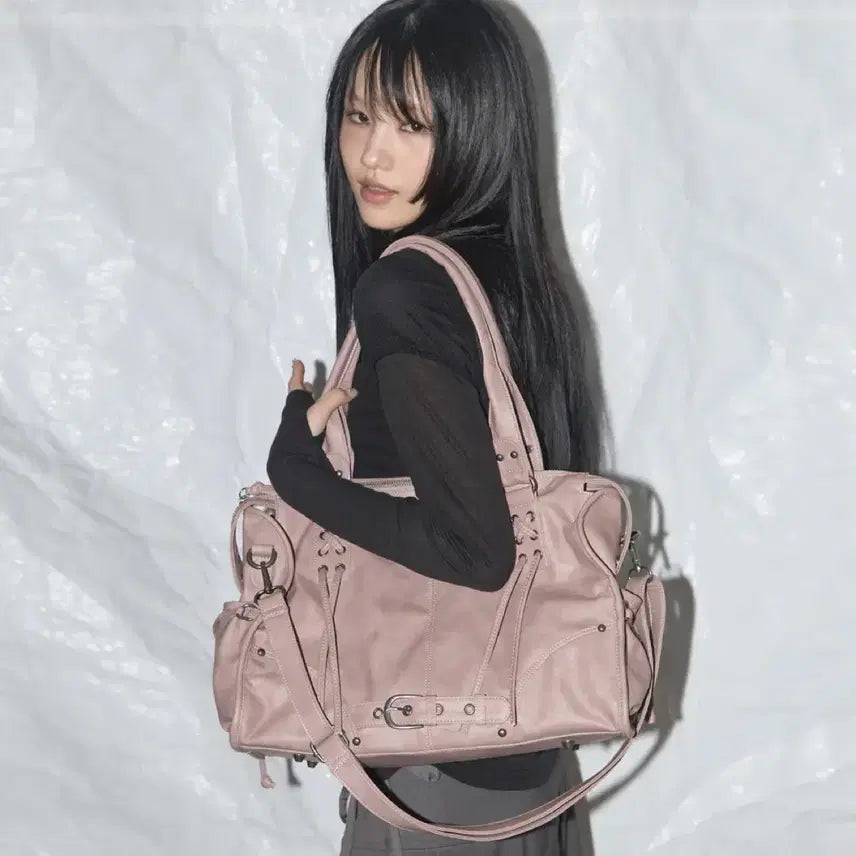 [BUNJANG] Fancy Club Belted Washed Leather Tote Bag - Baby Pink / 팬시클럽 fancy club 벨티드 워싱 레더백 베이비핑크