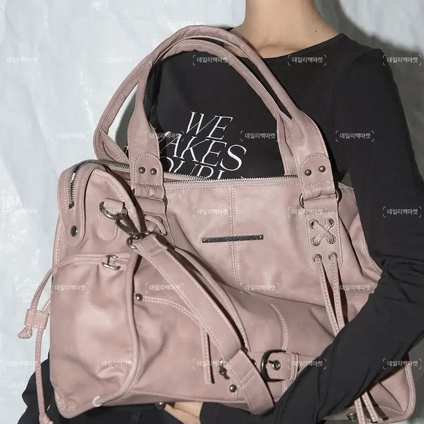 [BUNJANG] Fancy Club Belted Washed Leather Tote Bag - Baby Pink / 팬시클럽 fancy club 벨티드 워싱 레더백 베이비핑크