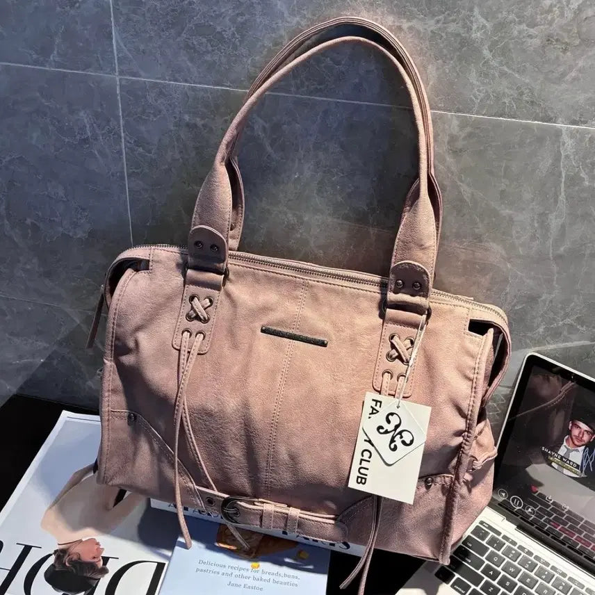 [BUNJANG] Fancy Club Belted Washed Leather Tote Bag - Baby Pink / 팬시클럽 fancy club 벨티드 워싱 레더백 베이비핑크
