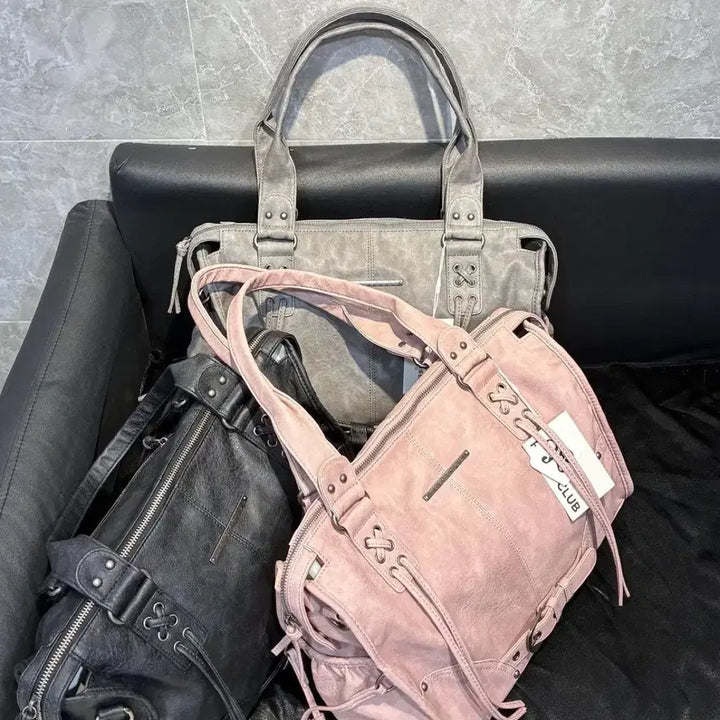 [BUNJANG] Fancy Club Belted Washed Leather Tote Bag - Baby Pink / 팬시클럽 fancy club 벨티드 워싱 레더백 베이비핑크