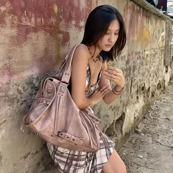 [BUNJANG] Fancy Club Belted Washed Leather Tote Bag - Baby Pink / 팬시클럽 fancy club 벨티드 워싱 레더백 베이비핑크