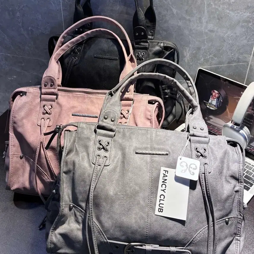 [BUNJANG] Fancy Club Belted Washed Leather Tote Bag - Baby Pink / 팬시클럽 fancy club 벨티드 워싱 레더백 베이비핑크