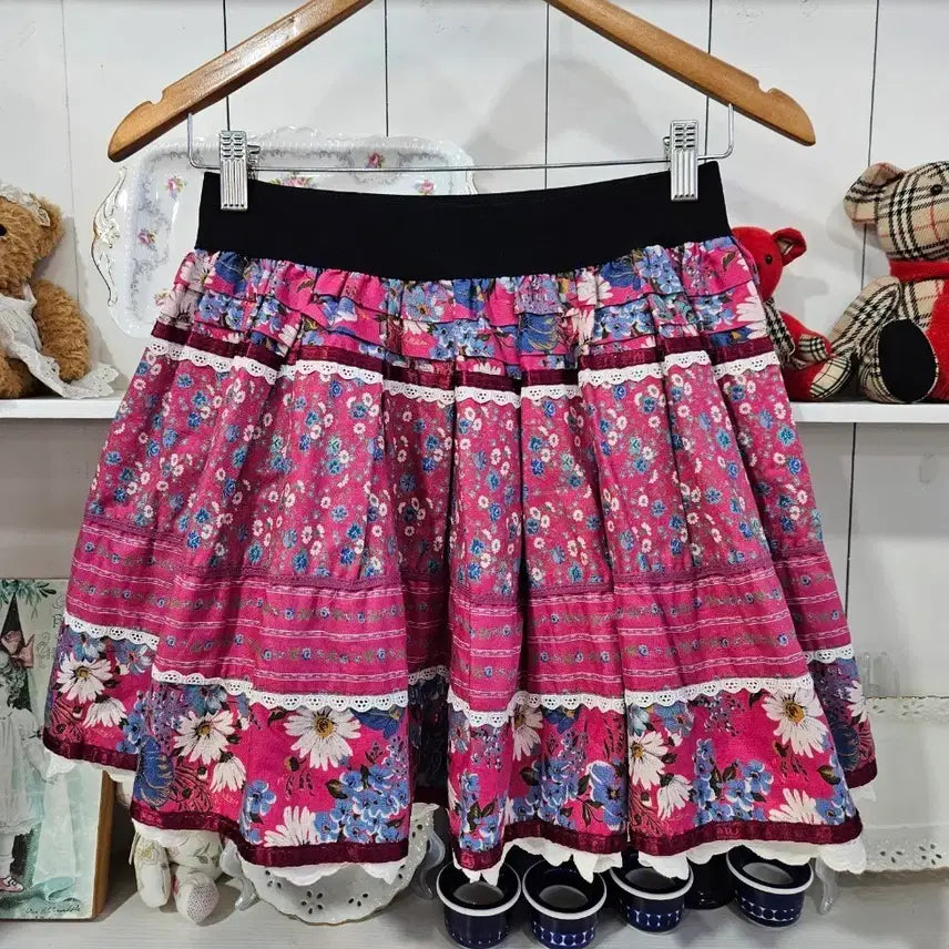 [BUNJANG] Japanese Vintage Pink Floral Ruffle Skirt / 빈티지 핑크 플라워 캉캉 스커트