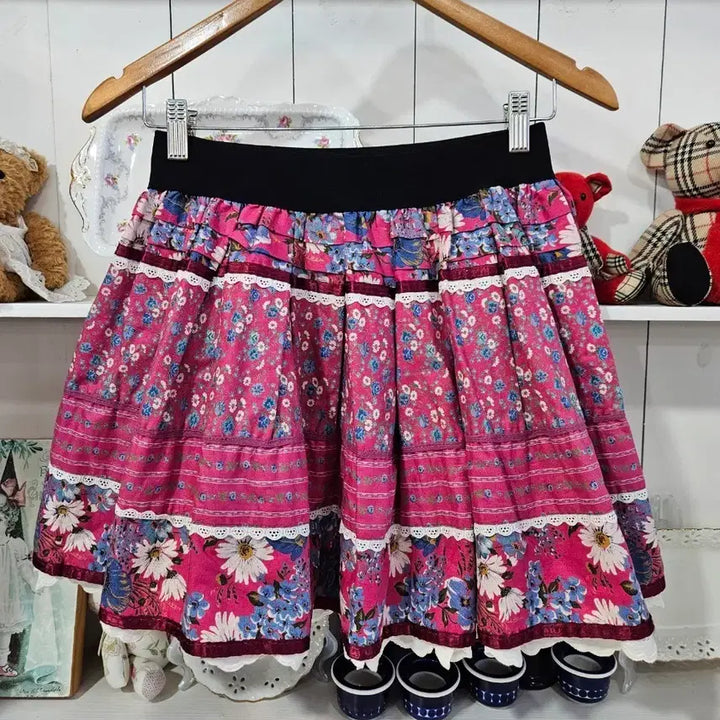 [BUNJANG] Japanese Vintage Pink Floral Ruffle Skirt / 빈티지 핑크 플라워 캉캉 스커트