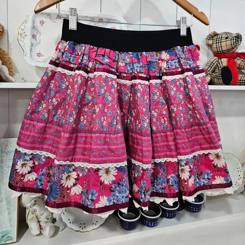 [BUNJANG] Japanese Vintage Pink Floral Ruffle Skirt / 빈티지 핑크 플라워 캉캉 스커트
