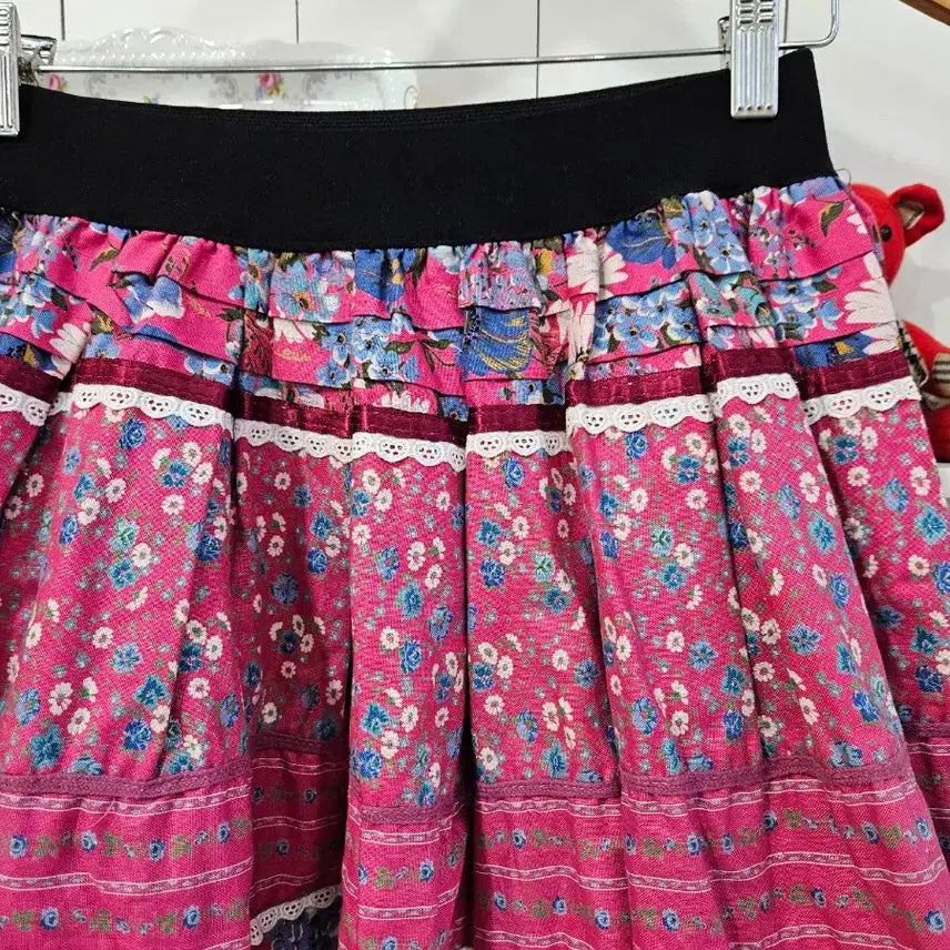 [BUNJANG] Japanese Vintage Pink Floral Ruffle Skirt / 빈티지 핑크 플라워 캉캉 스커트