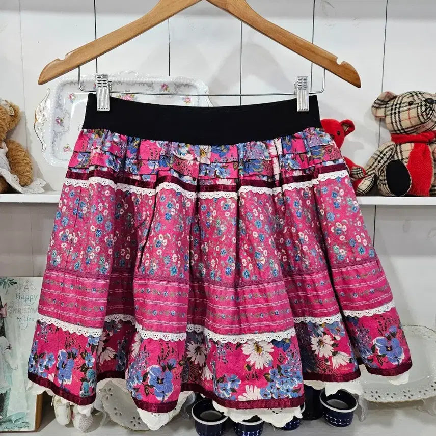 [BUNJANG] Japanese Vintage Pink Floral Ruffle Skirt / 빈티지 핑크 플라워 캉캉 스커트