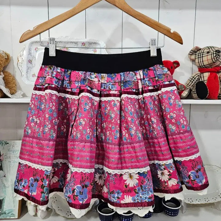 [BUNJANG] Japanese Vintage Pink Floral Ruffle Skirt / 빈티지 핑크 플라워 캉캉 스커트