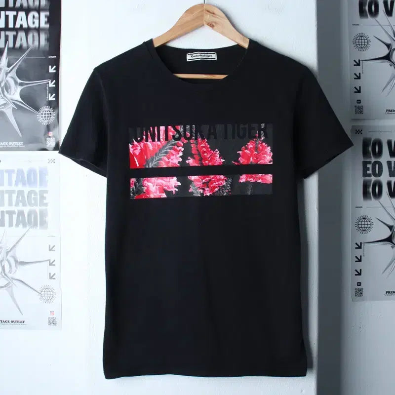 [BUNJANG] Onitsuka Tiger Big Logo Flower T-shirt / W(S-M) 오니츠카타이거 반팔 티셔츠 빅로고 플라워 블랙-18575