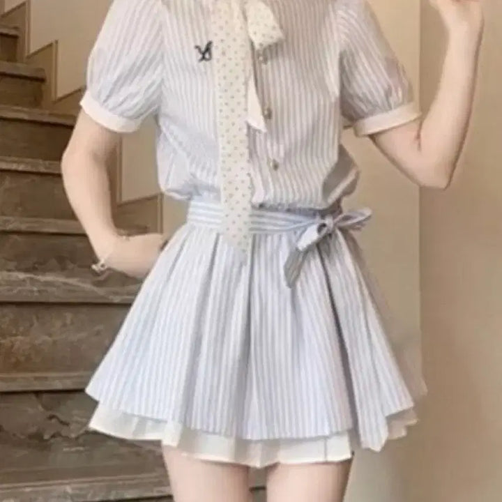 [BUNJANG] Striped Ribbon Shirt Dress / 스트라이프 리본 원피스 셔츠
