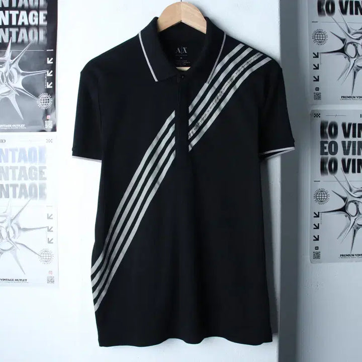 [BUNJANG] Armani Polo Shirt Black Limited Edition / (M-L) 아르마니 반팔 카라 티셔츠 완장 블랙 놈코어 한정판-1858E