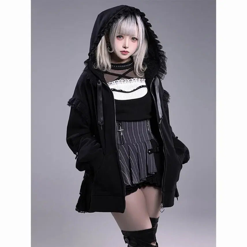 [BUNJANG] Generic Lace Hooded Zip-up / 지뢰계 양산형 레이스 후드집업