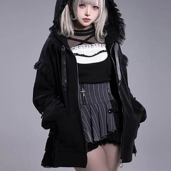 [BUNJANG] Generic Lace Hooded Zip-up / 지뢰계 양산형 레이스 후드집업