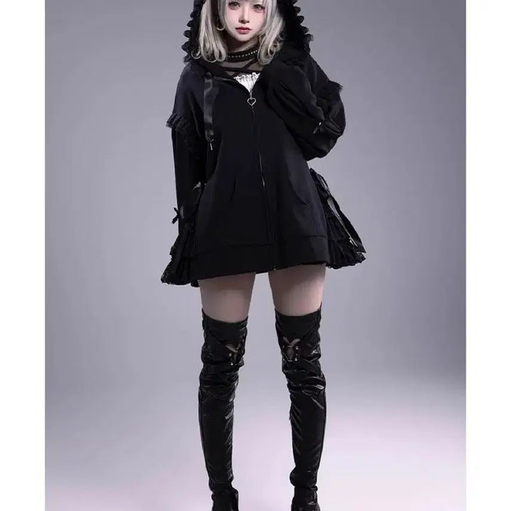 [BUNJANG] Generic Lace Hooded Zip-up / 지뢰계 양산형 레이스 후드집업