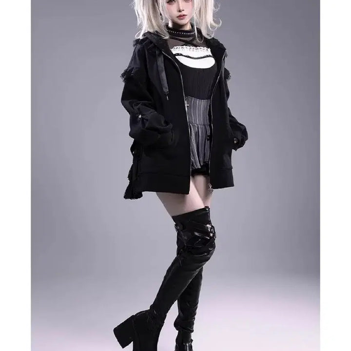 [BUNJANG] Generic Lace Hooded Zip-up / 지뢰계 양산형 레이스 후드집업