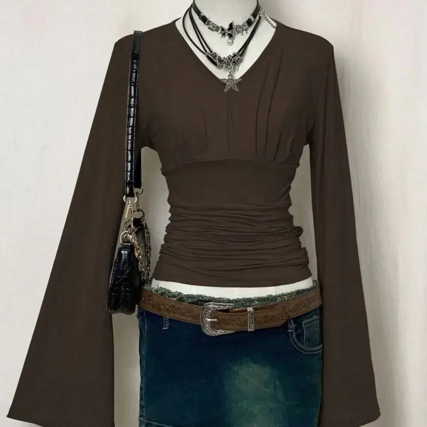 [BUNJANG] V-neck Shirred Long Sleeve T-shirt Brown / 브이넥 셔링 긴팔 티셔츠 브라운 y2k 갸루
