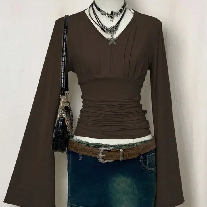 [BUNJANG] V-neck Shirred Long Sleeve T-shirt Brown / 브이넥 셔링 긴팔 티셔츠 브라운 y2k 갸루