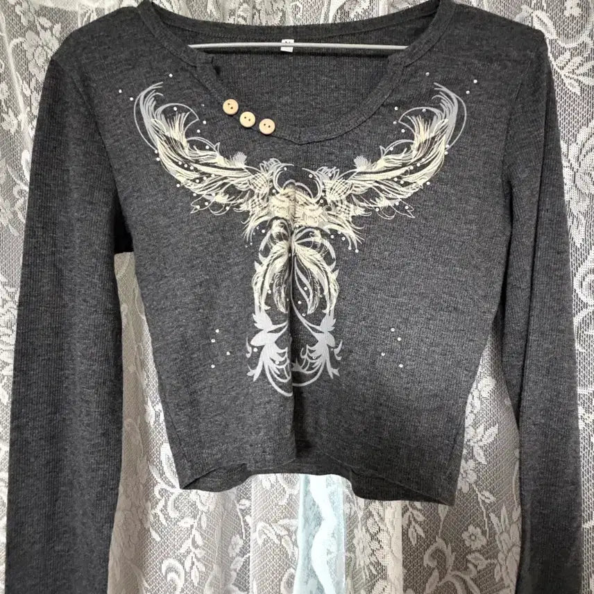 [BUNJANG] Y2K Printed Crop Long Sleeve T-shirt / 그레이 y2k 프린팅 크롭 긴팔티셔츠