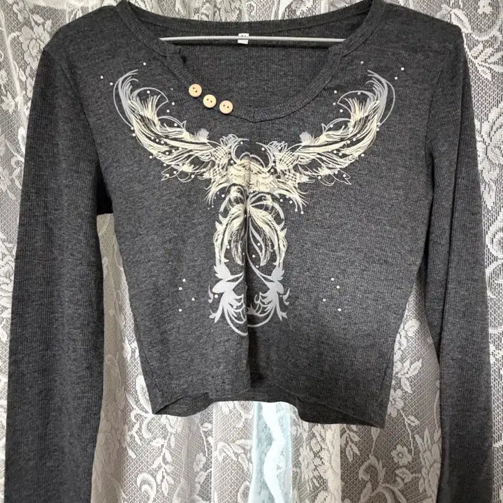[BUNJANG] Y2K Printed Crop Long Sleeve T-shirt / 그레이 y2k 프린팅 크롭 긴팔티셔츠