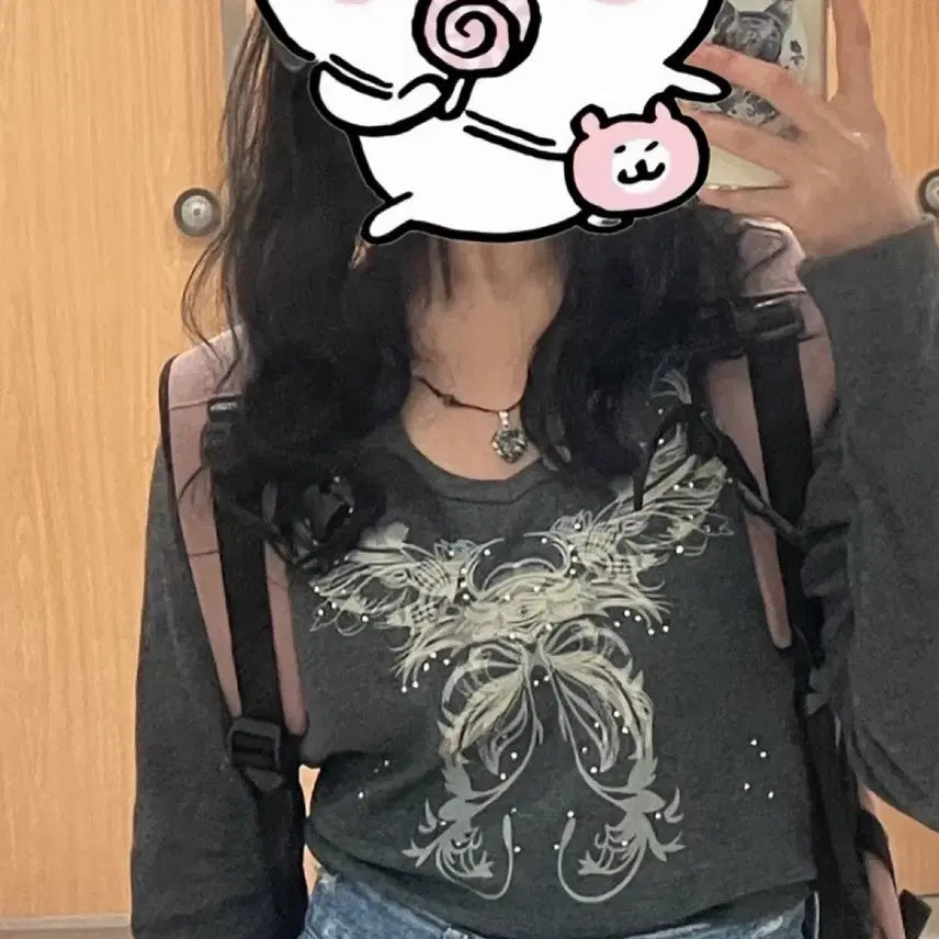 [BUNJANG] Y2K Printed Crop Long Sleeve T-shirt / 그레이 y2k 프린팅 크롭 긴팔티셔츠