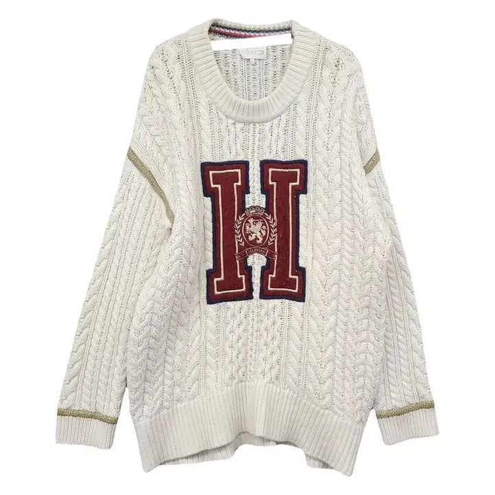 [BUNJANG] Tommy Hilfiger Icon Big Logo Vintage Cable Knit Sweater / 타미 아이콘 빅로고 빈티지 케이블 크림 니트 L