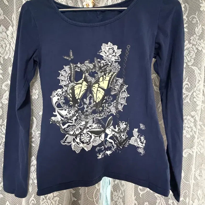 [BUNJANG] Y2K Printed Long Sleeve T-shirt / 네이비 y2k 갸루 프린팅 긴팔티셔츠